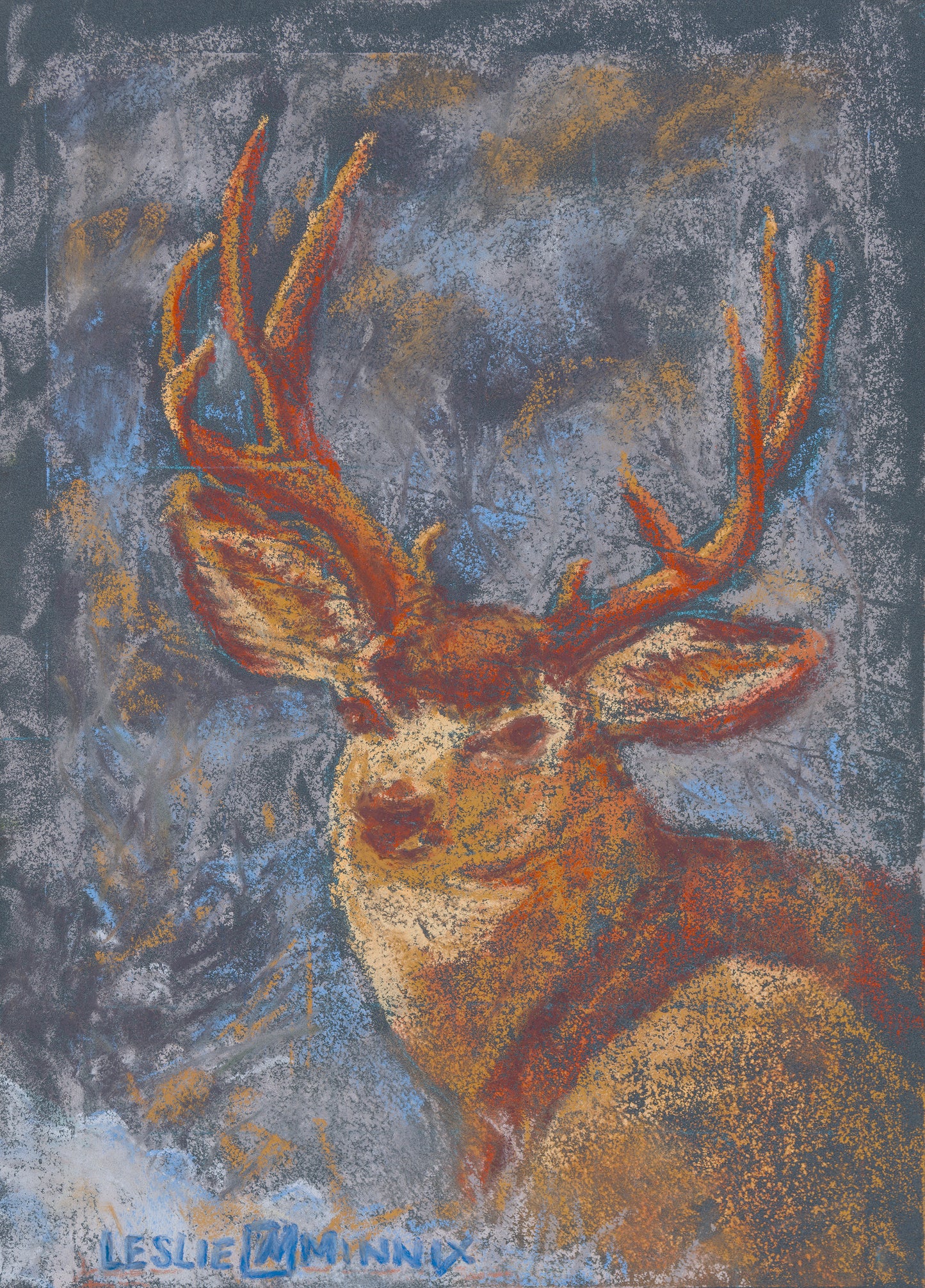 ORIGINAL: Pastel "Bedded Muley", 8" x 10" Artist: Leslie Minnix