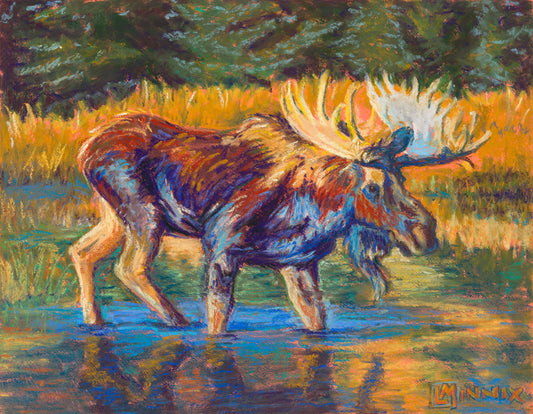 *SOLD* ORIGINAL: Pastel "Montana Water Moose", 11" x 14" Artist: Leslie Minnix